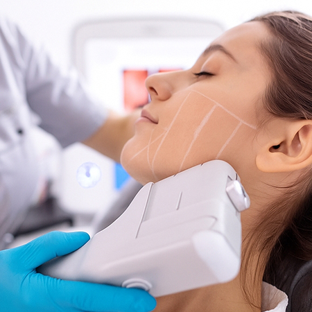 Mujer recibiendo HIFU Facial de su pack que incluye además Microneedling con Dermapen y Radiofrecuencia Facial en Centro de estética Klauclinic